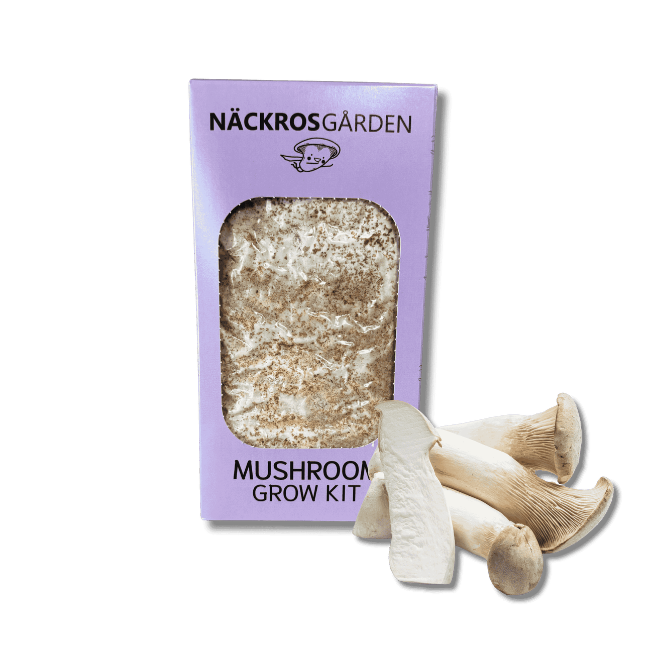King oyster growkit for home cultivation, includes substrate and mycelium, Näckrosgården branded packaging.