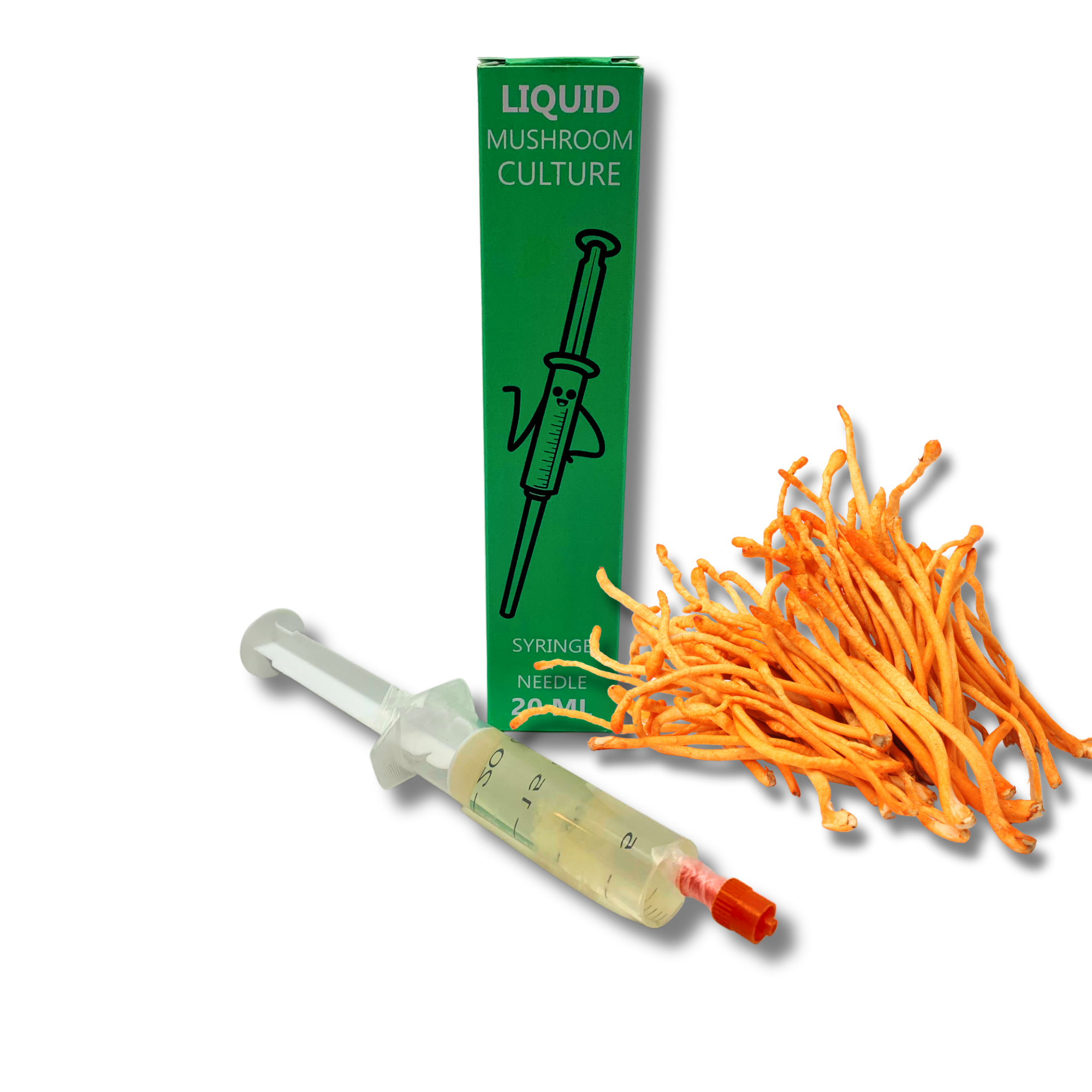 Cordyceps liquid culture syringe with sterile needle and packaging.