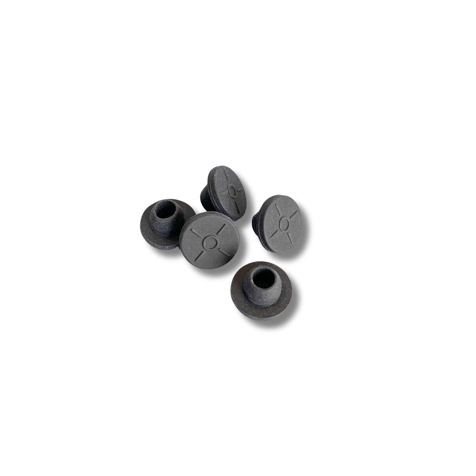 Package of black self-healing injection ports for mushroom growing containers.