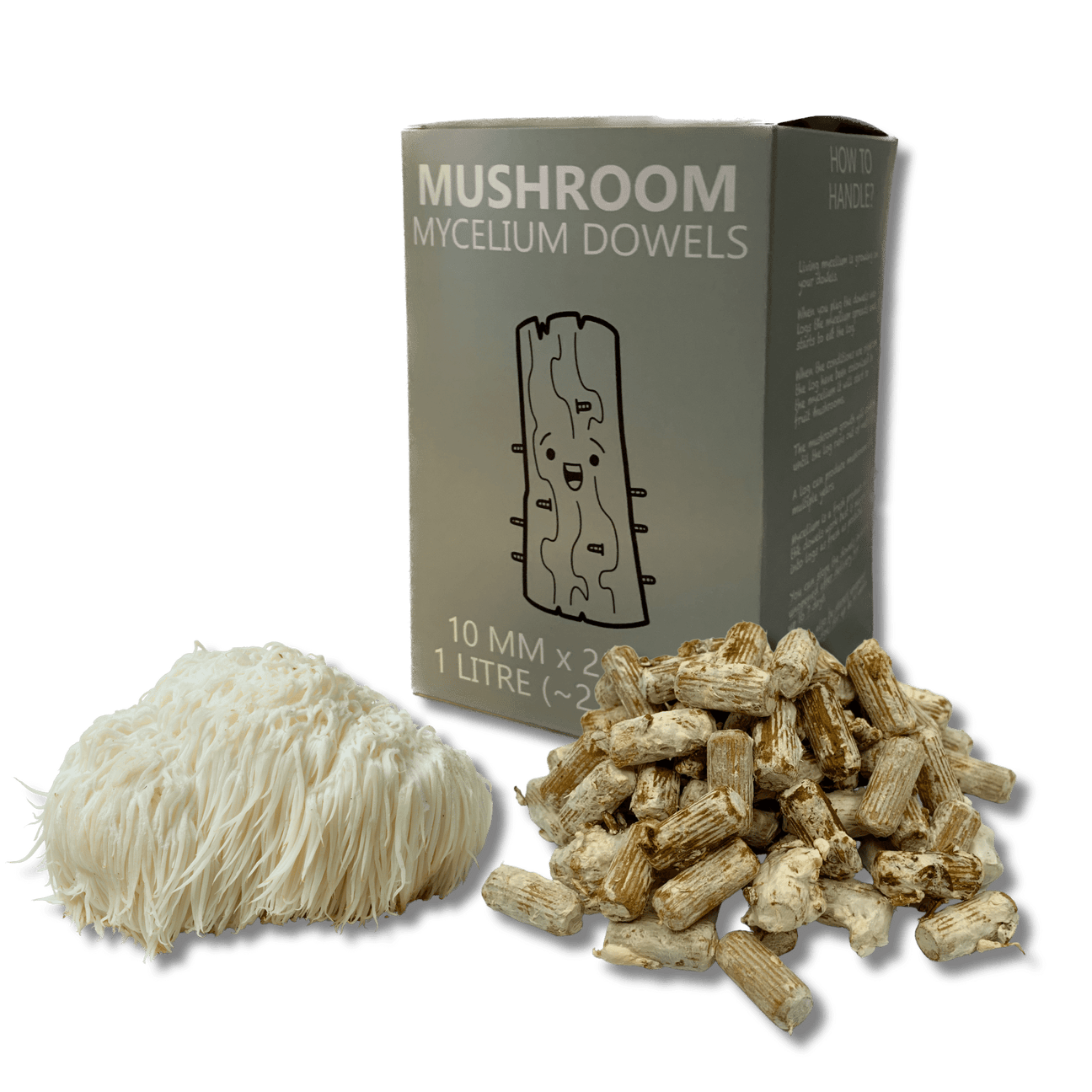 mane mushroom dowels with mycelium plugs and packaging for inoculating logs