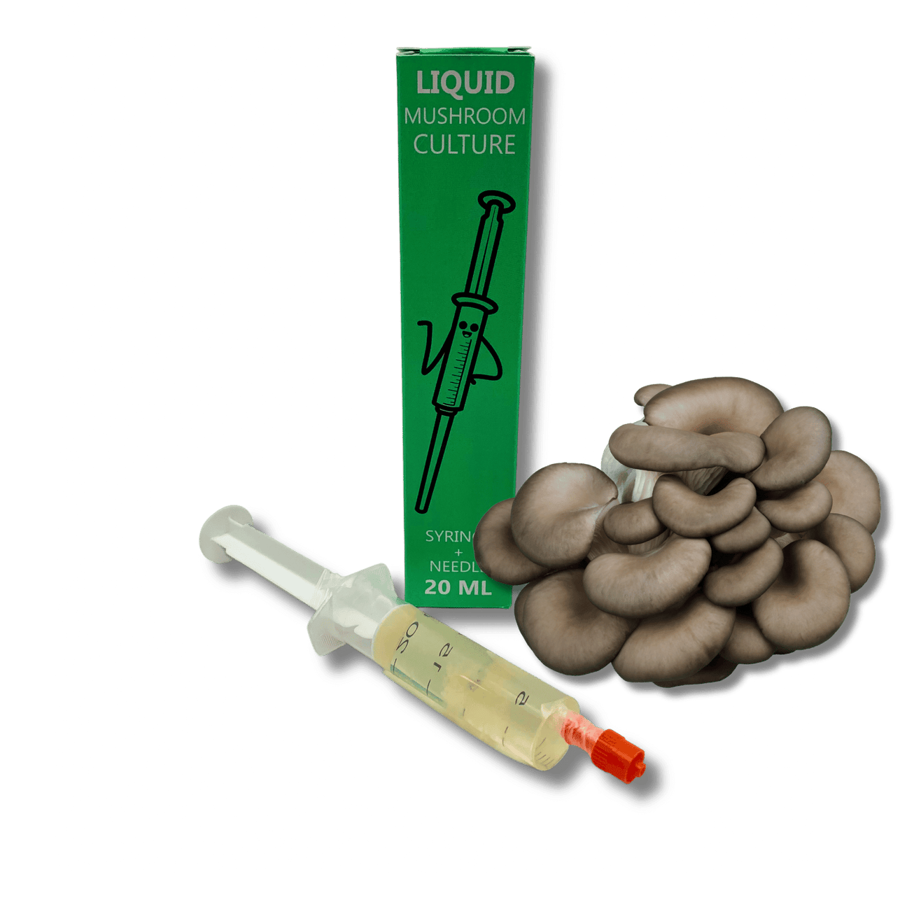 Grey oyster liquid culture syringe with needles, ideal for mushroom grain spawn.