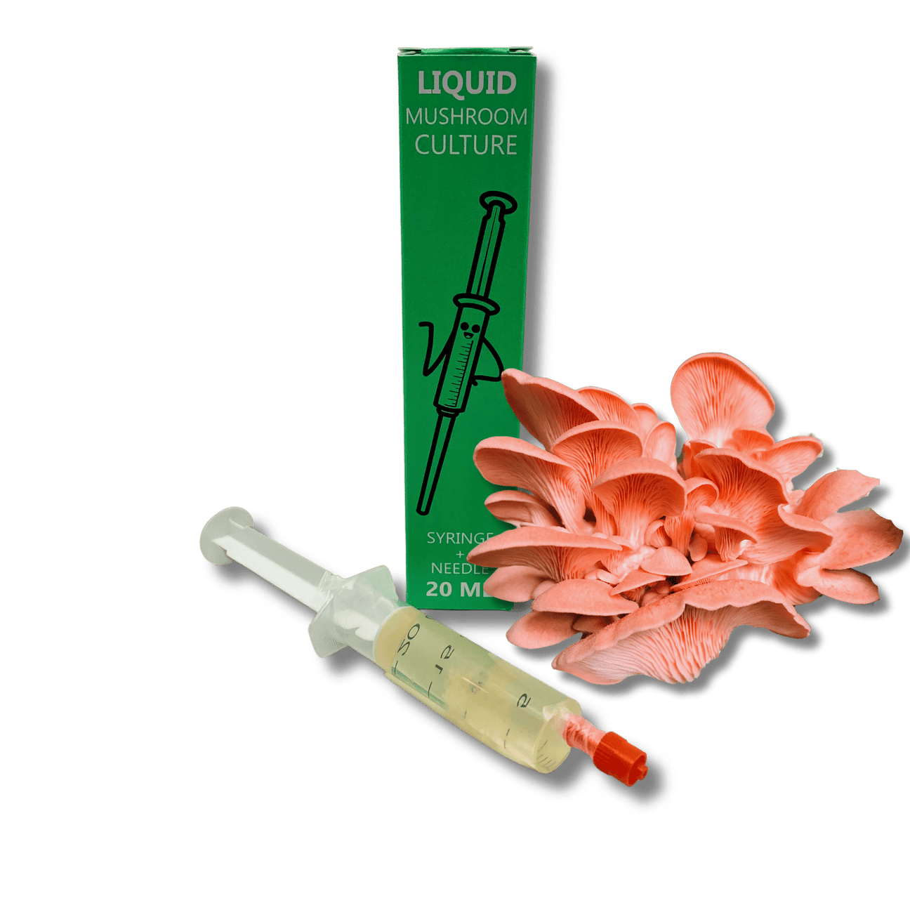 Pink oyster liquid culture syringe with 20 ml and needle, ready for mushroom grain spawn cultivation.