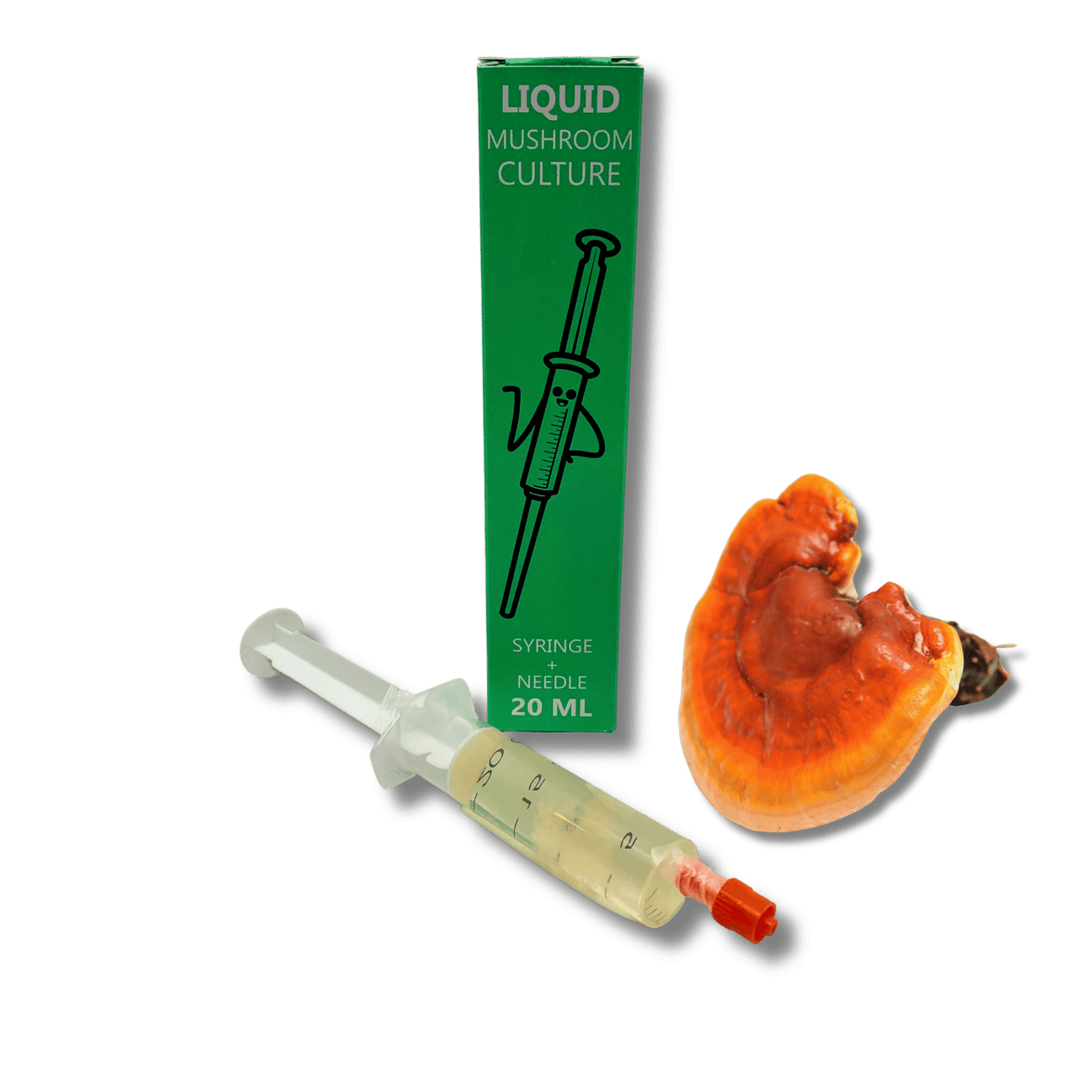 Reishi liquid culture syringe with needle and mushroom, 20 ml.