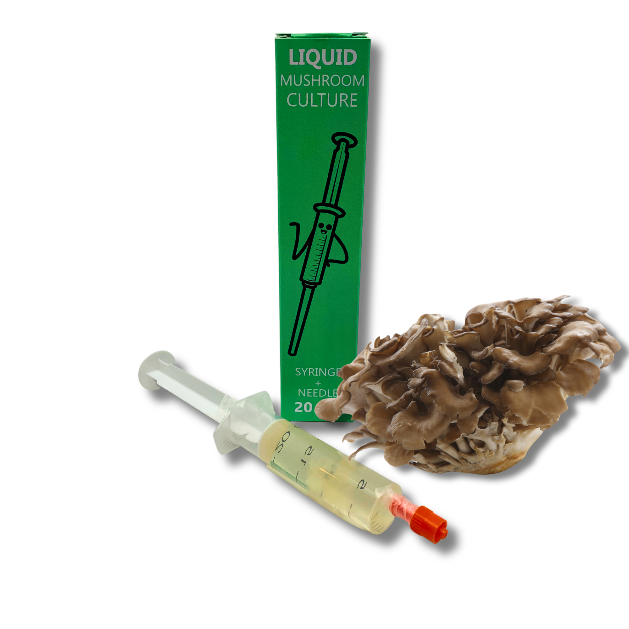 Maitake liquid culture syringe with sterile needle and package.