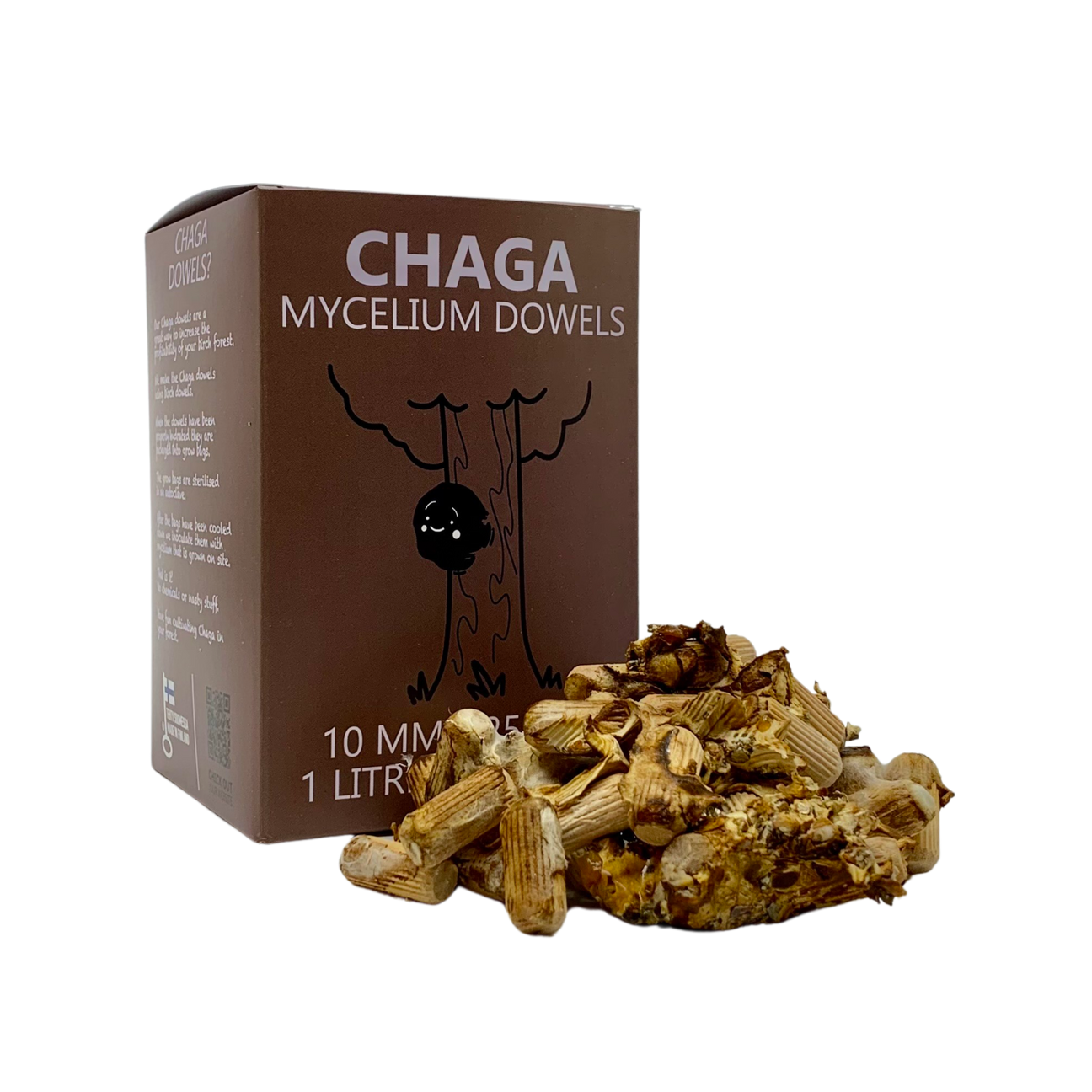 Chaga dowels for cultivating Inonotus obliquus on birch trees, packaged with mycelium pieces.