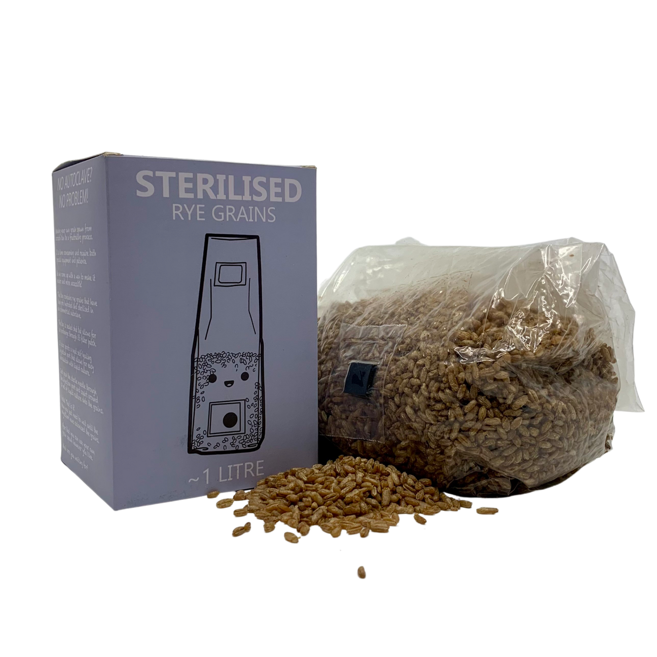 Sterilised rye grains in sealed bag with filter patch and injection port, next to packaging box.